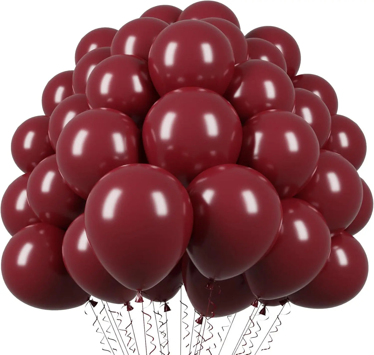 A cluster of burgundy red latex balloons tied together, ready for a wedding or celebration.