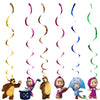 A set of colorful, wavy streamers and decorations featuring Masha and Bear characters for a party.