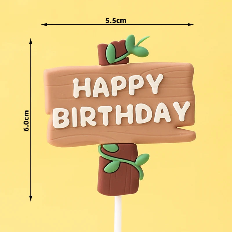 Señal de cumpleaños de madera con el texto 'HAPPY BIRTHDAY' y hojas de dinosaurio verdes, montada en un palo.