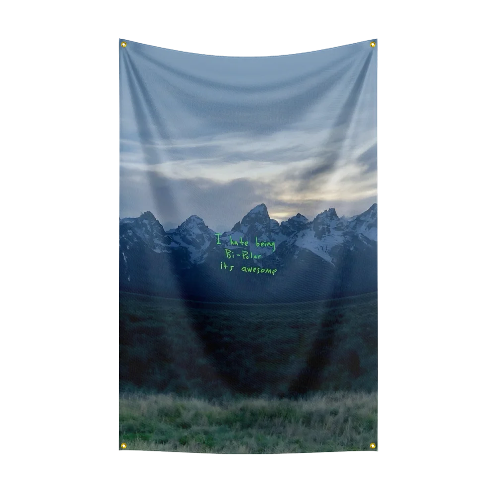 A tapestry featuring a mountainous landscape with the text I hate being bi-polar its awesome