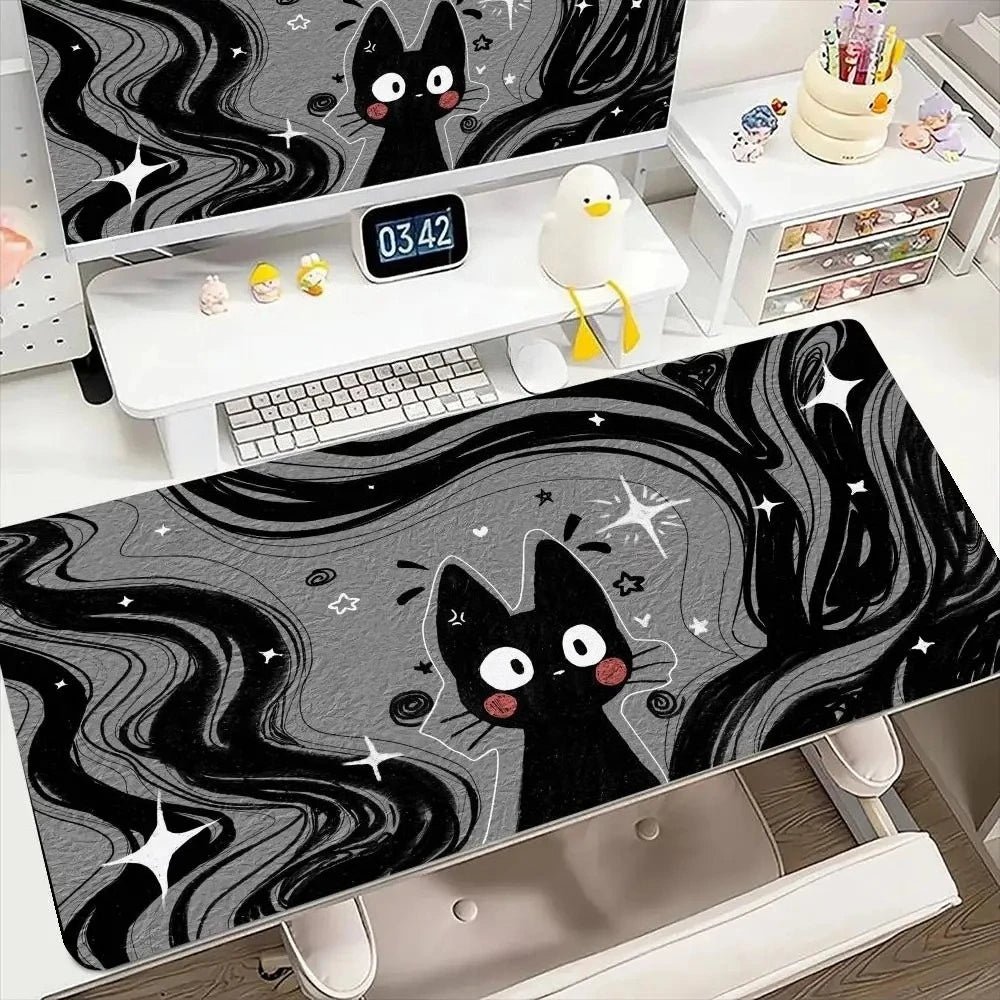 Alfombrilla de ratón de juego extra grande antideslizante con diseño de gato negro sobre un fondo arremolinado en gris y negr