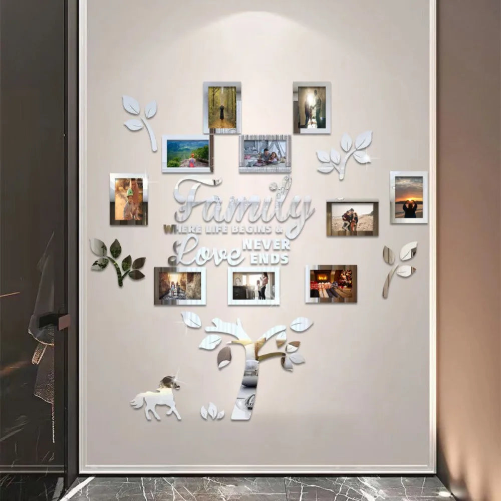 A wall collage featuring a family tree design with framed photos and text on a light-colored wall.