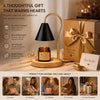 A stylish brass flameless candle warmer lamp with a wooden base and a gift box.