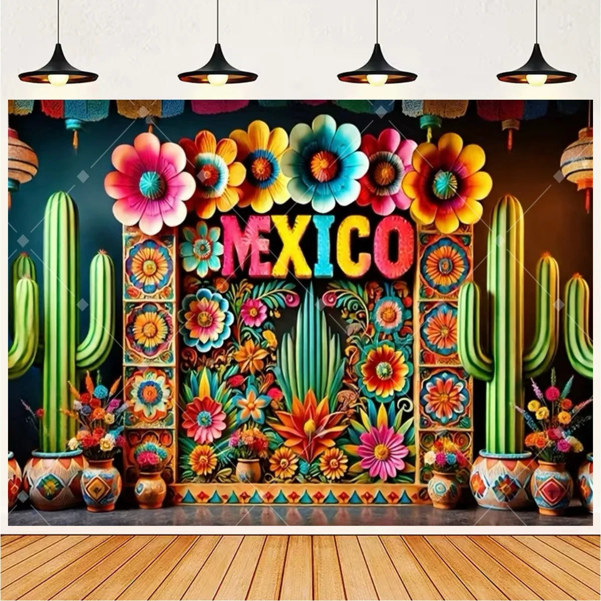 A vibrant photo backdrop featuring colorful flowers, cactus designs, and the word MEXICO.