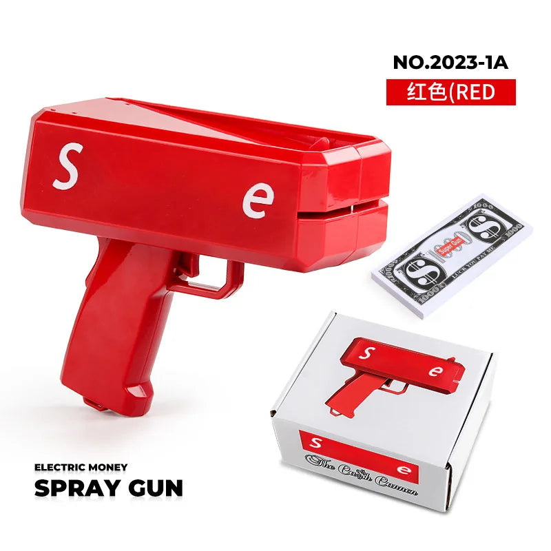 A red plastic spray gun toy shaped like a letter S and E, packaged in a white box.
