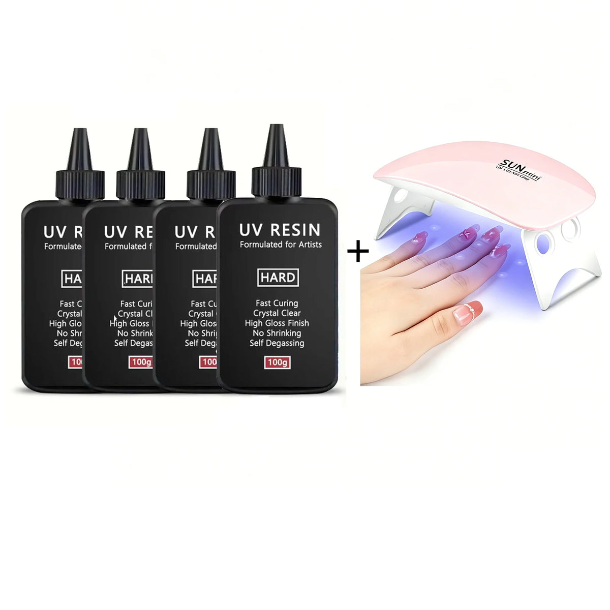 A set of UV resin bottles and a pink UV curing lamp for jewelry making
