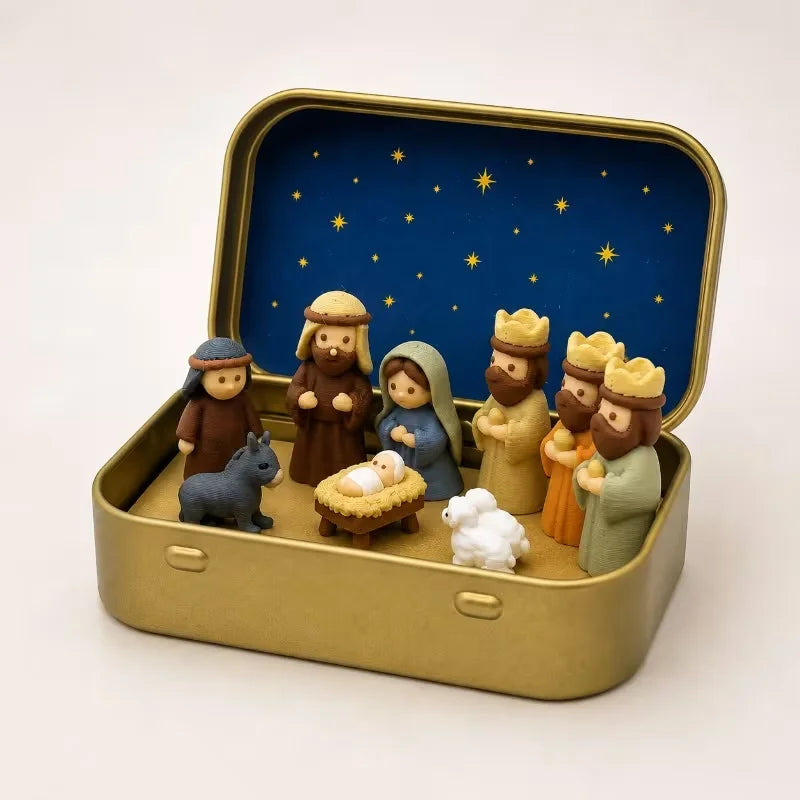 A miniature nativity scene featuring figures and a baby, displayed inside a gold-colored metal box with a blue starry backgro