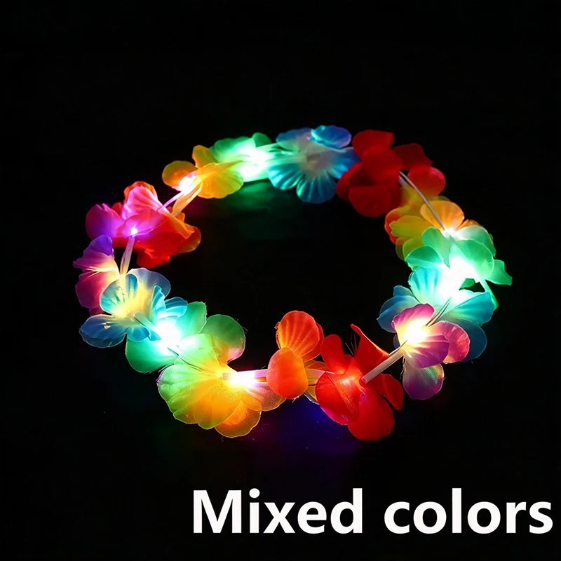 A circular flower crown headband made of LED lights displaying mixed colors like red, orange, yellow, green, and blue.