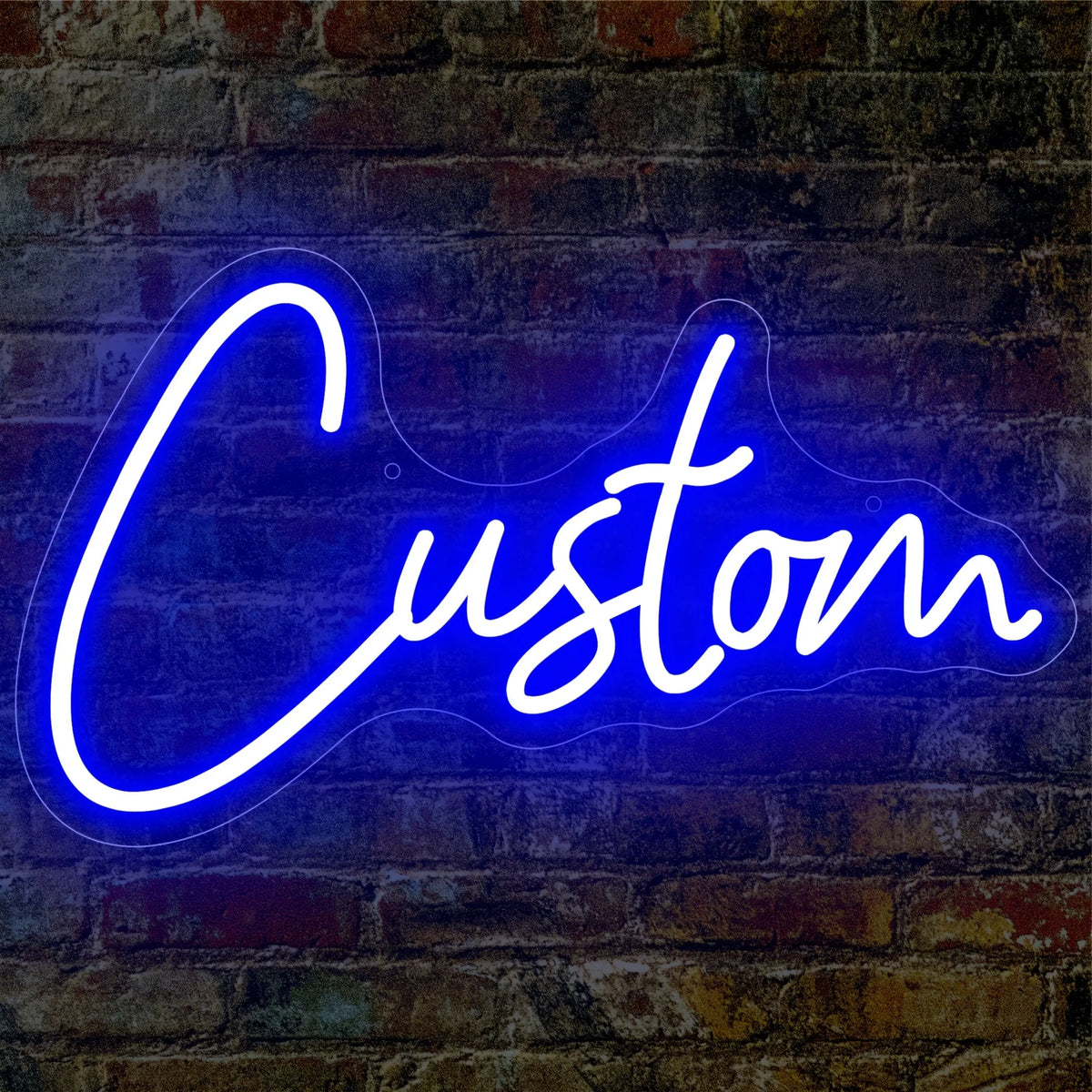 A bright blue neon sign spelling the word Custom is mounted on a brick wall.