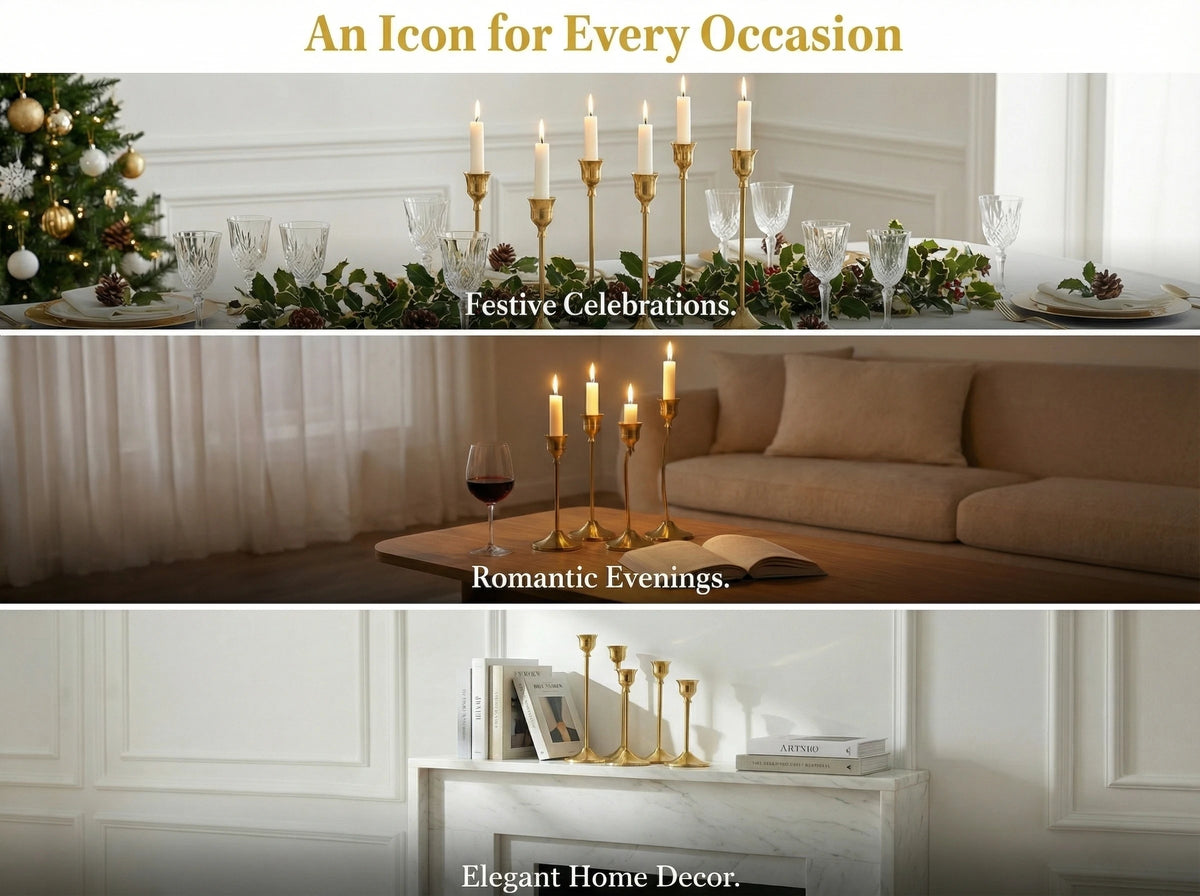A set of three vintage European style metal candle holders displayed on a white mantelpiece.