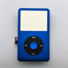 A blue iPod with a blank white front faceplate and clickwheel replacement kit.