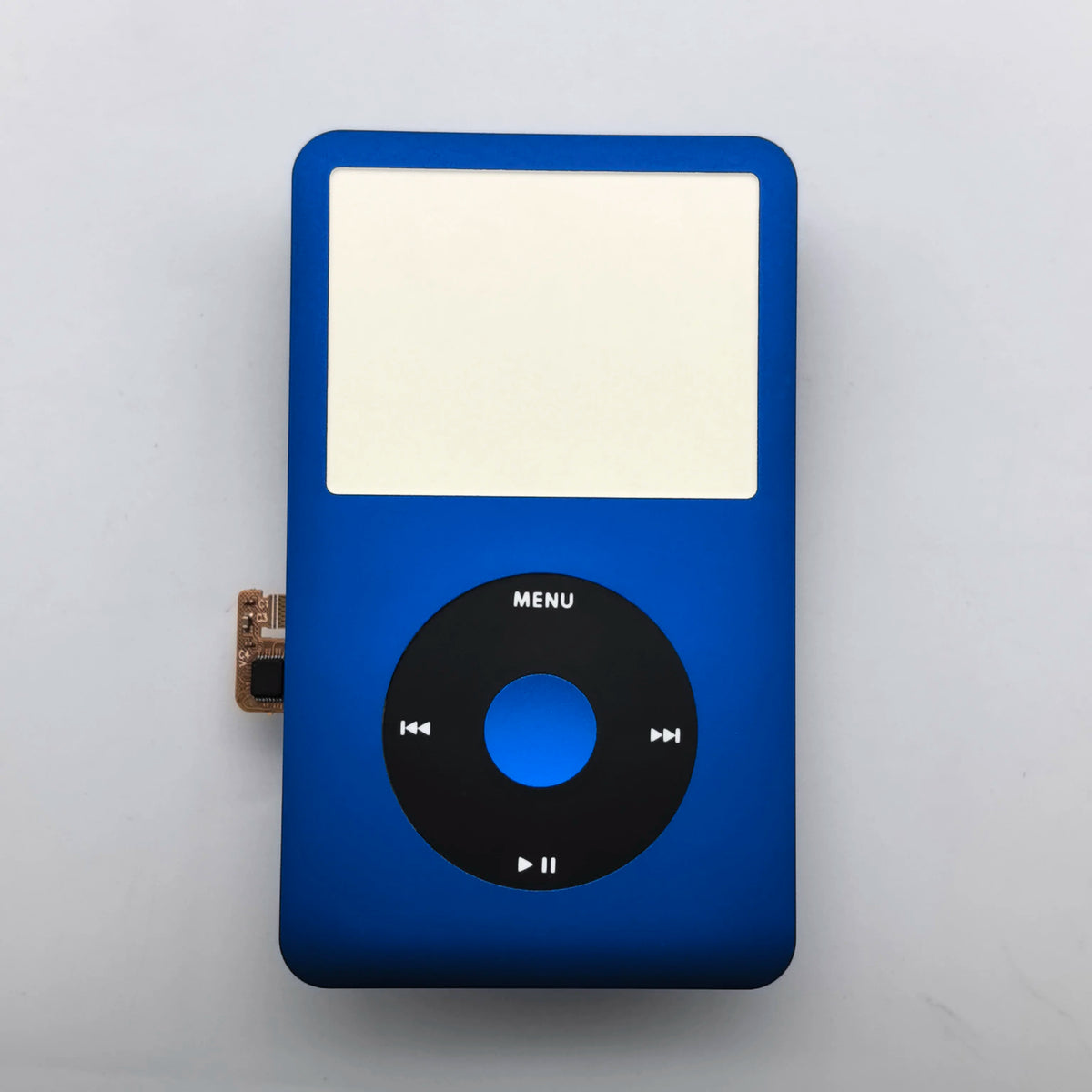 A blue iPod with a blank white front faceplate and clickwheel replacement kit.