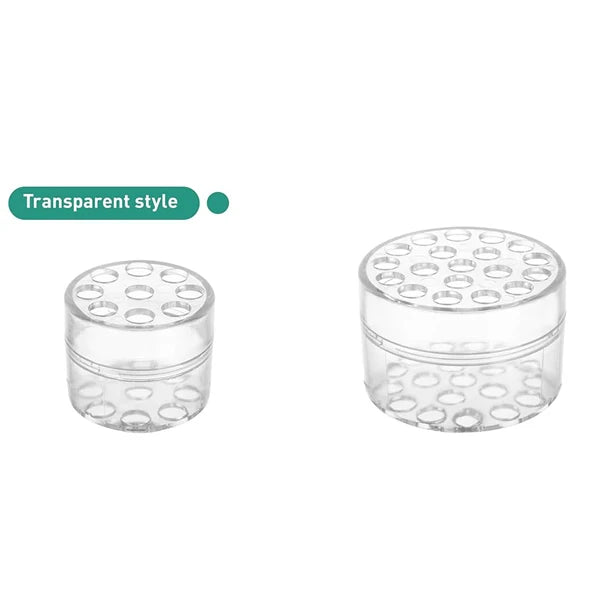 A clear glass spiral stem holder for DIY floral arrangements shown in two pieces.