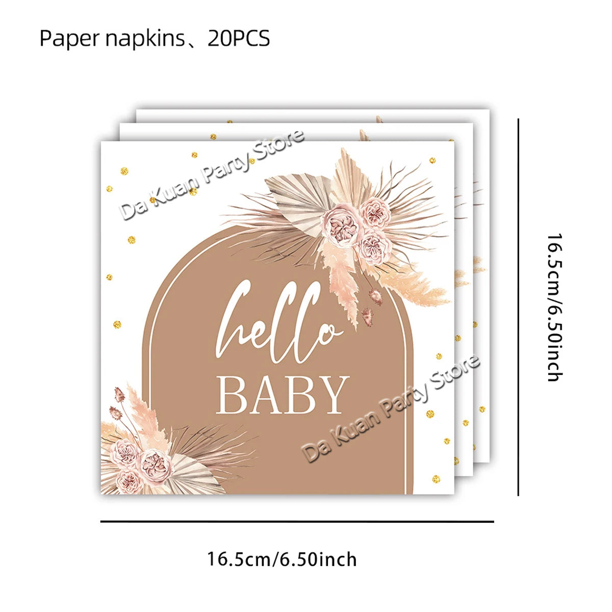 A set of paper napkins featuring a brown background and floral accents for a baby shower or gender reveal event.