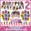 K-pop inspired birthday party decoration set featuring balloons, a backdrop, and cake toppers.