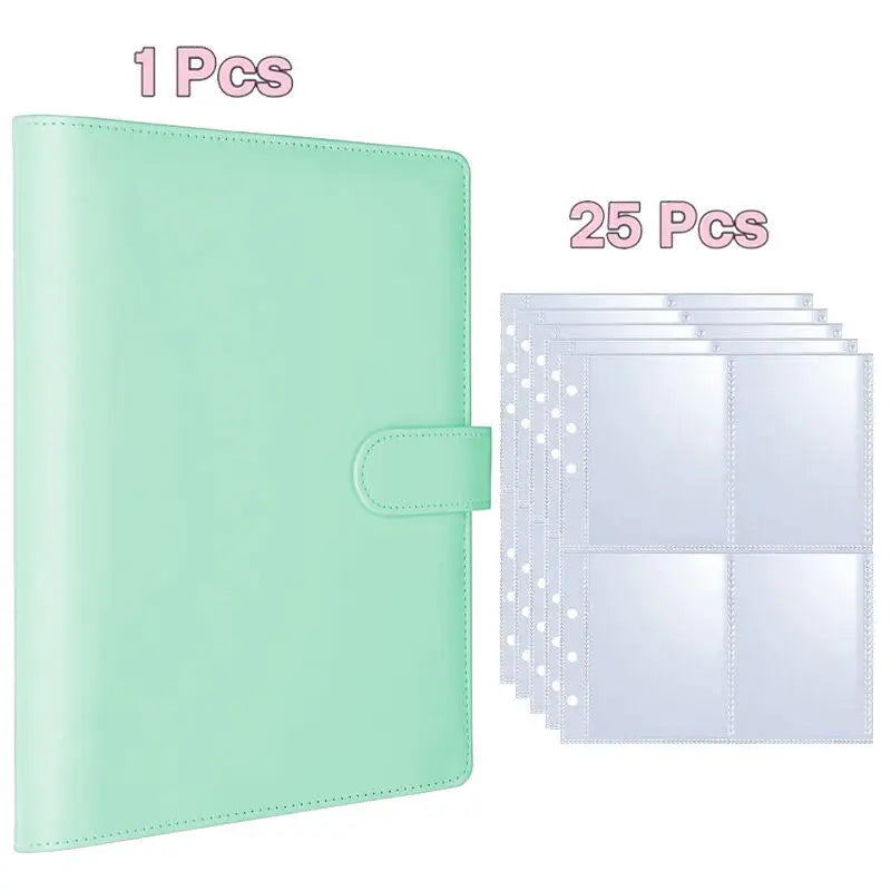 A light mint green A5 PU leather photocard binder with 25 individual clear plastic photo pages.
