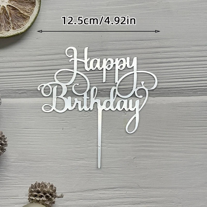 Elegant white acrylic birthday topper with the words Happy Birthday on a stick