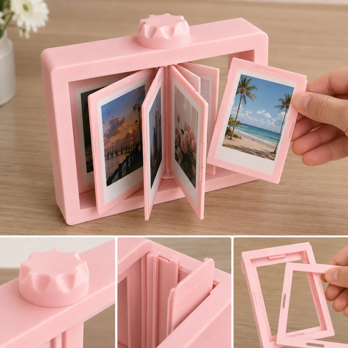 A pink 3D rotating photo frame for desk display showing various photos.