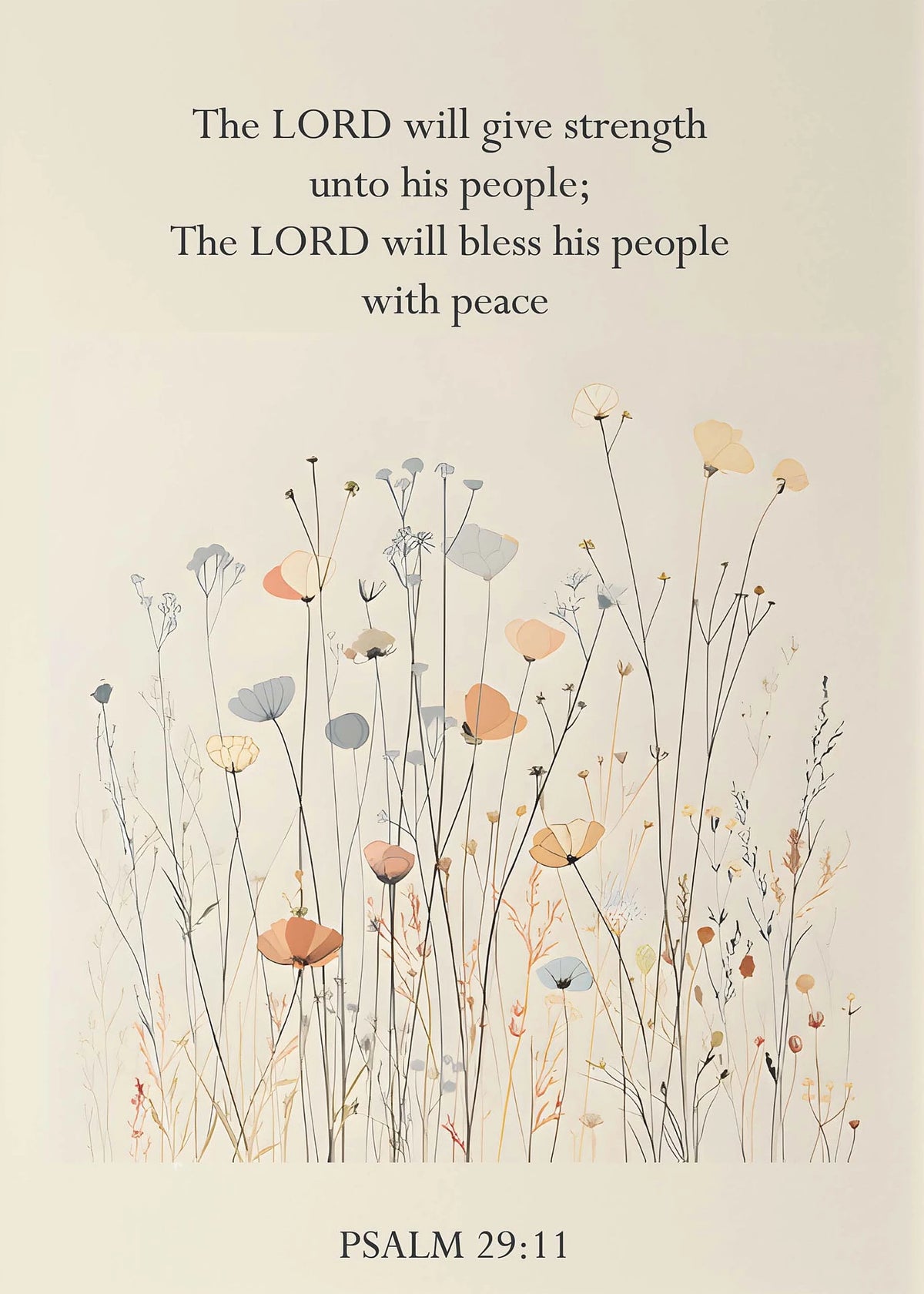 A beige canvas featuring the Bible verse Psalm 29:11 in elegant typography above a field of delicate, dried floral and grass 