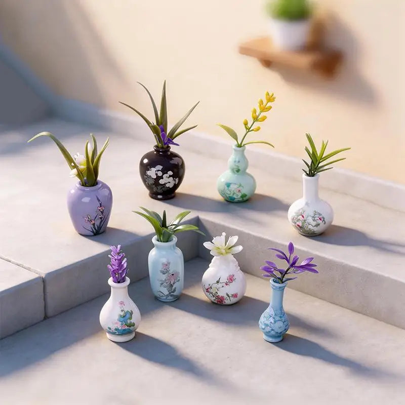 A set of eight mini resin vases with various floral patterns and colors displayed on a light surface.