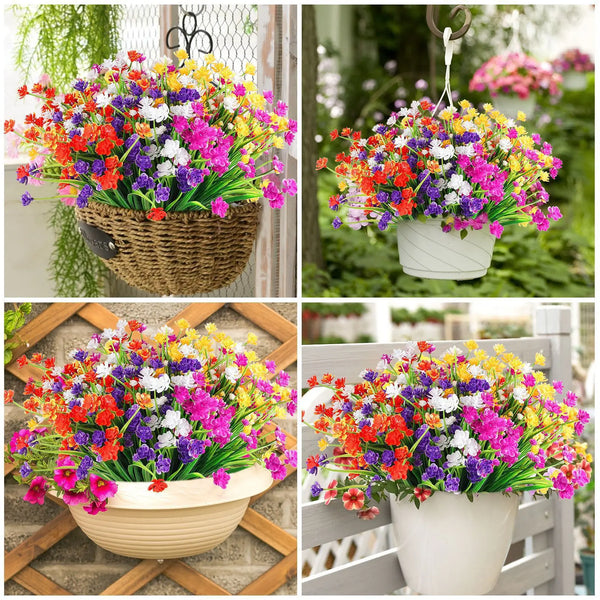 A collection of colorful artificial flowers and greenery in various pots and baskets for home and event decoration.