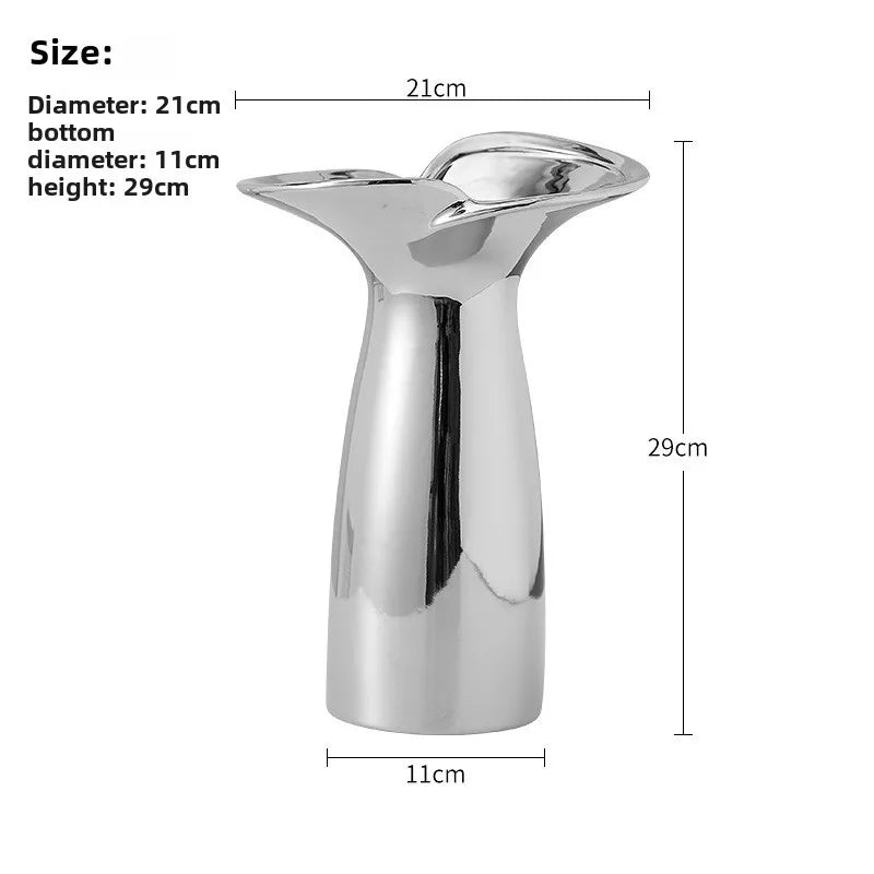 Silver-plated ceramic vase with a Nordic floral design featuring a flared opening and smooth body.