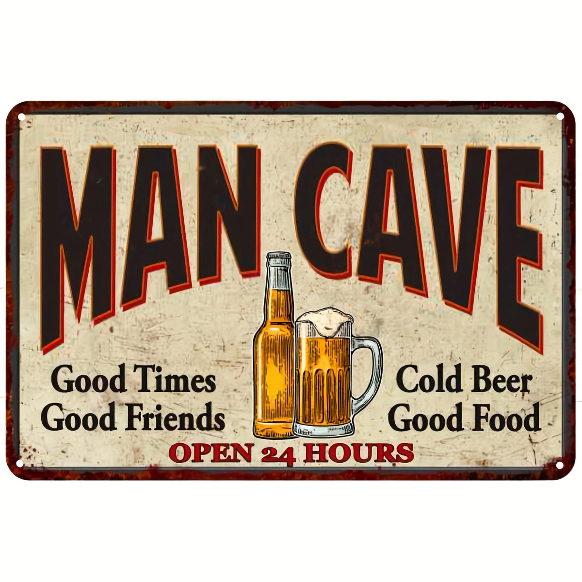 Vintage-Metallbier-Schild mit der Aufschrift MAN CAVE und Slogans wie Good Times Good Friends und OPEN 24 Stunden