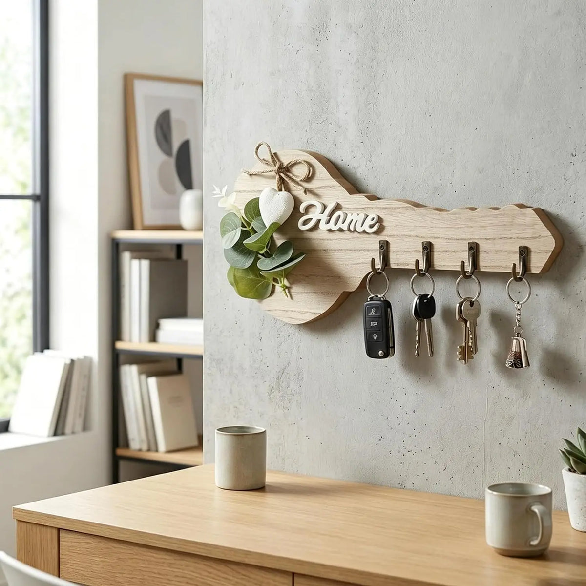Rustic wooden key holder with a heart accent and four hooks mounted on a gray wall.