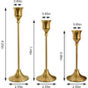 A set of three vintage gold-toned metal candle holders with flared bases and slender stems.