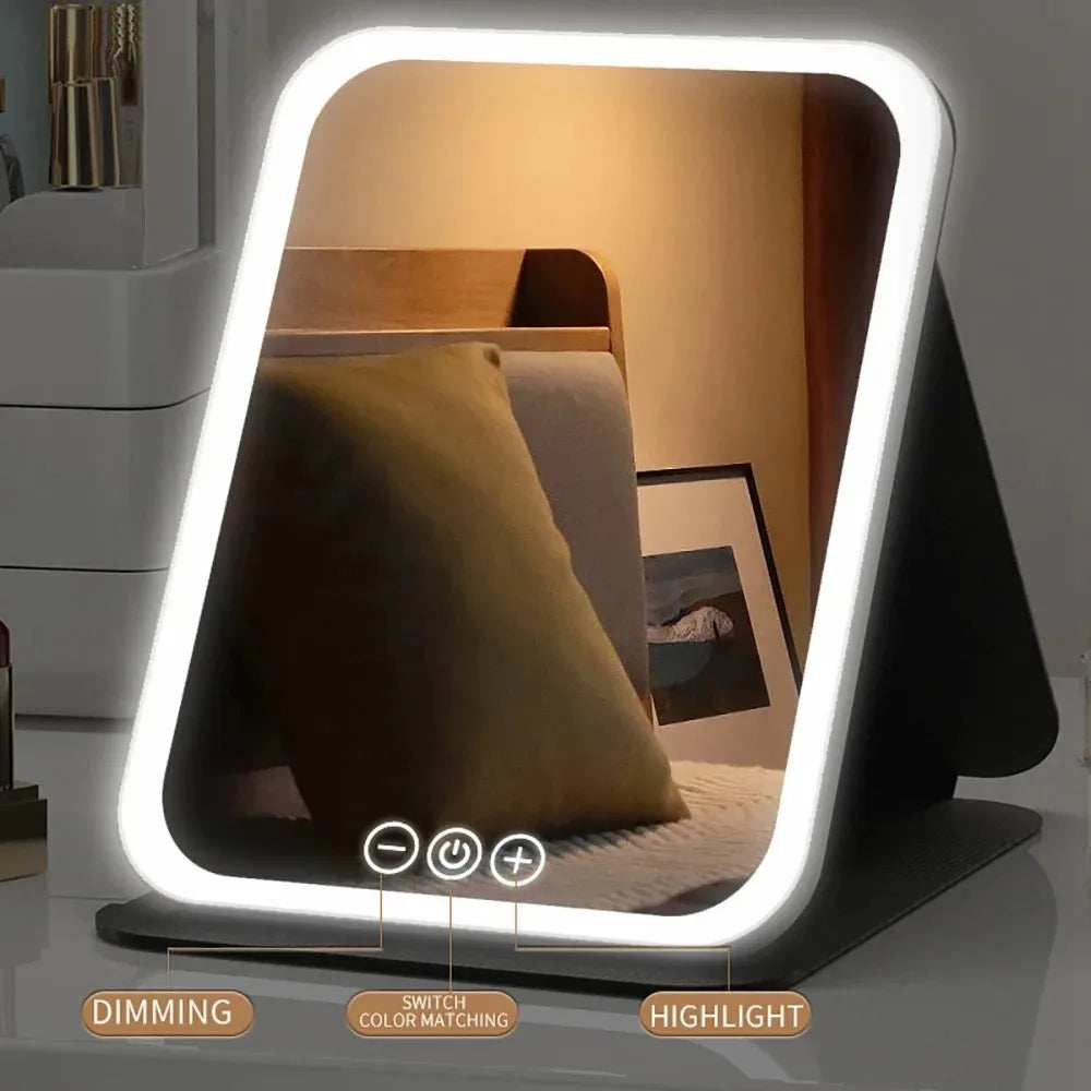 A vanity mirror with a bright LED light frame and controls for dimming, color matching, and highlight features.