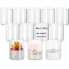 Un set de 12 vases cylindriques en verre transparent pour centres de table, incluant les récipients vides et bougies.