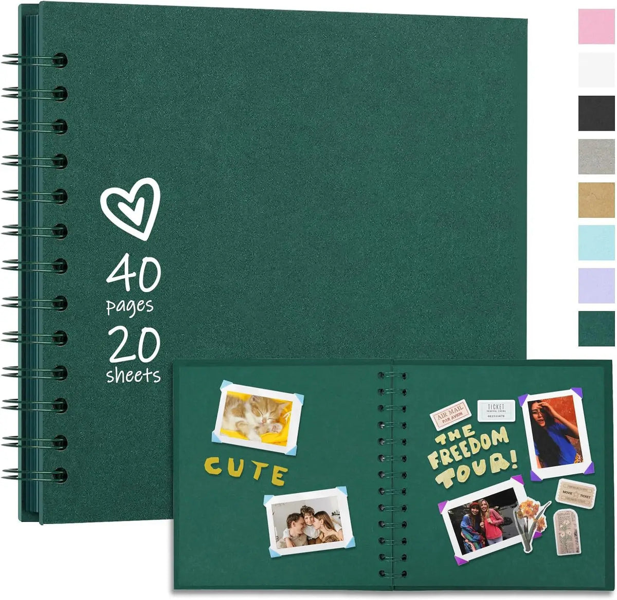 A dark green spiral-bound notebook with a heart design and several photo pockets for scrapbooking.