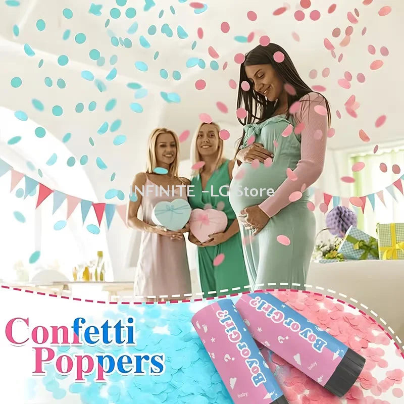 A pregnant woman smiles while two friends toss pink and blue confetti poppers in the air.
