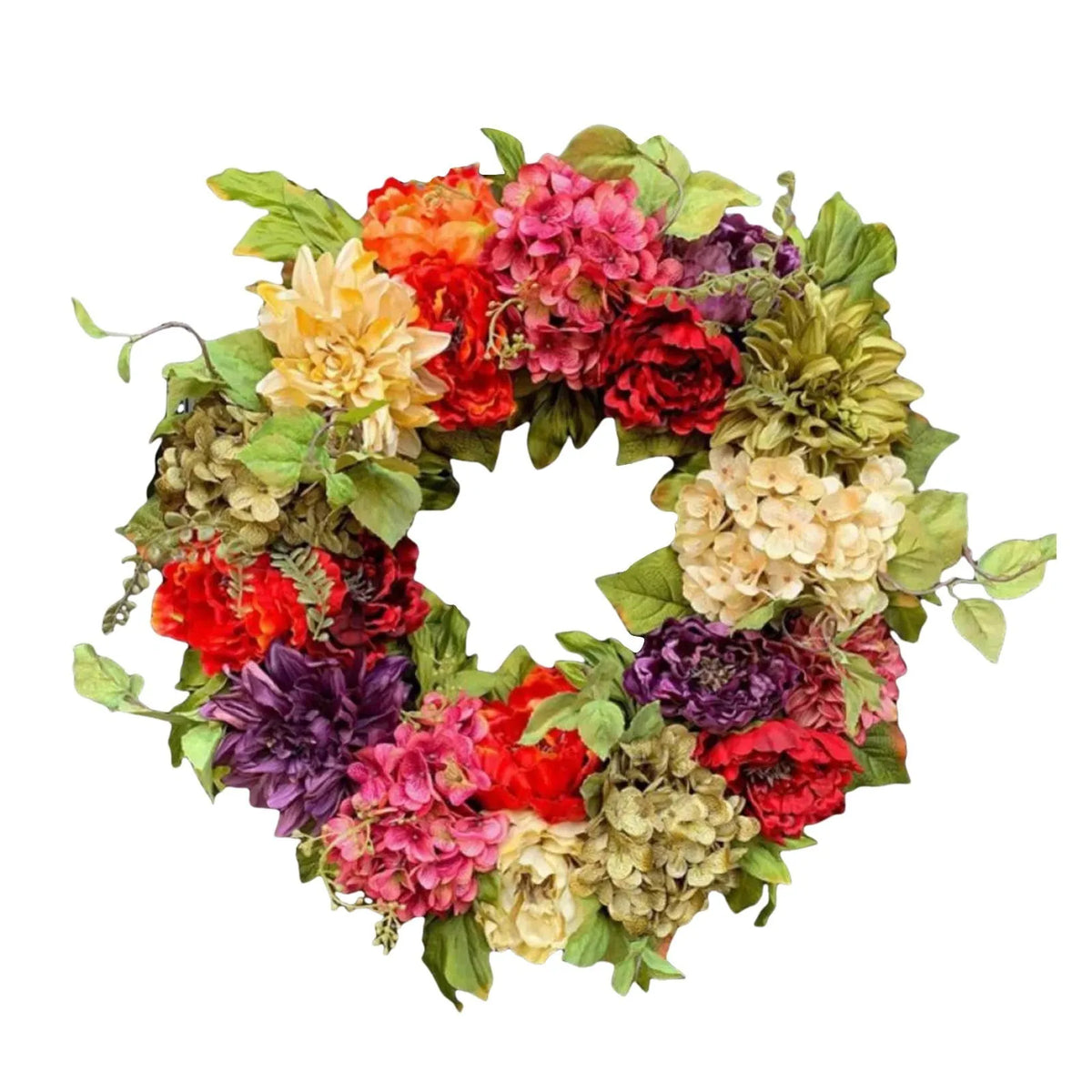 A colorful artificial hydrangea wreath featuring various shades of pink, red, yellow, and purple flowers and greenery.