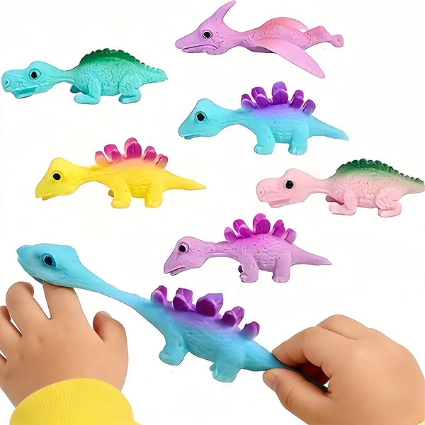 Colorful dinosaur slingshot flying toys for kids party favors and prizes shown in various colors