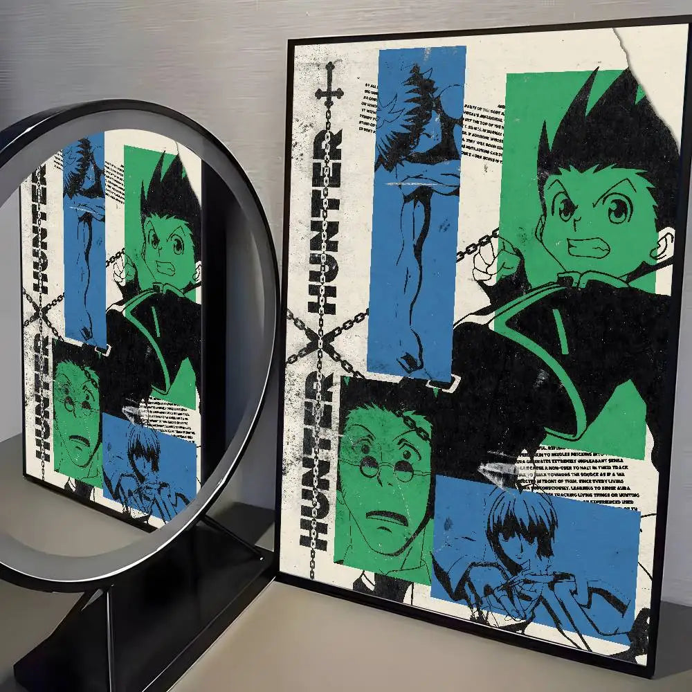 Canvas wall art featuring characters from Hunter x Hunter anime in a vertical composition with black and blue tones