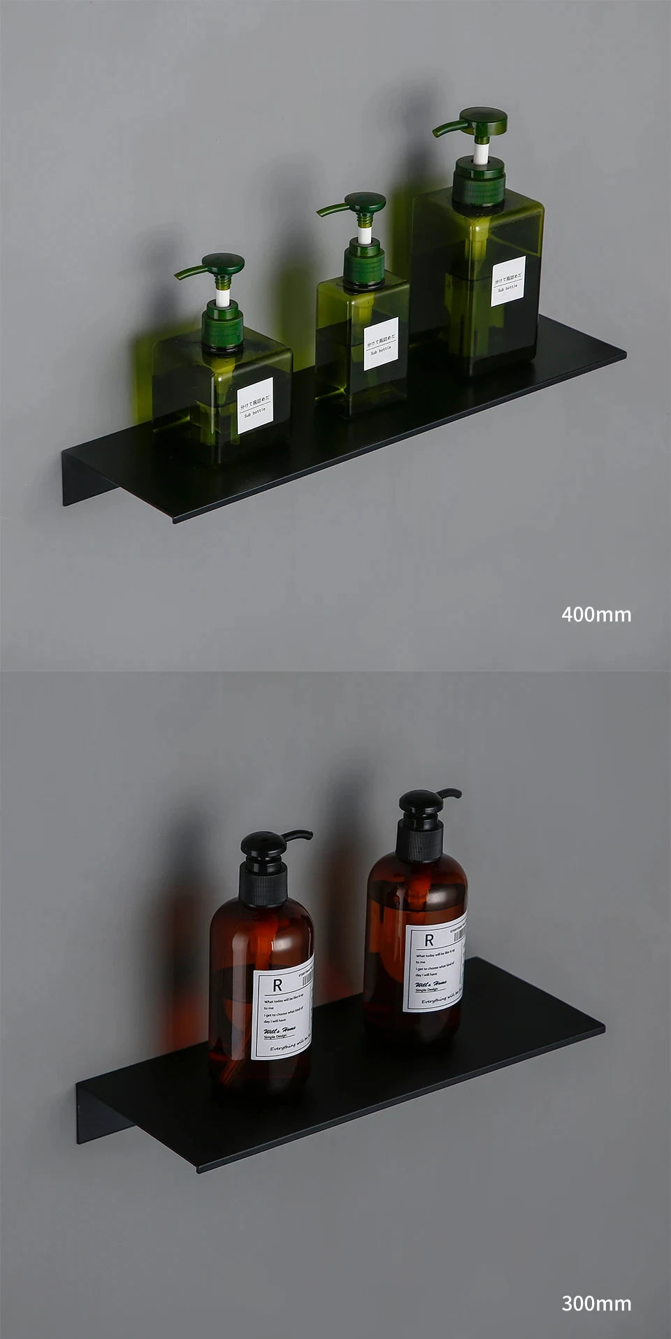 Modern matte black wall shelf displaying several glass bottles with green and black pump dispensers.