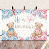 A gender reveal party decoration set featuring a floral banner with teddy bears and the text He or She What will baby be