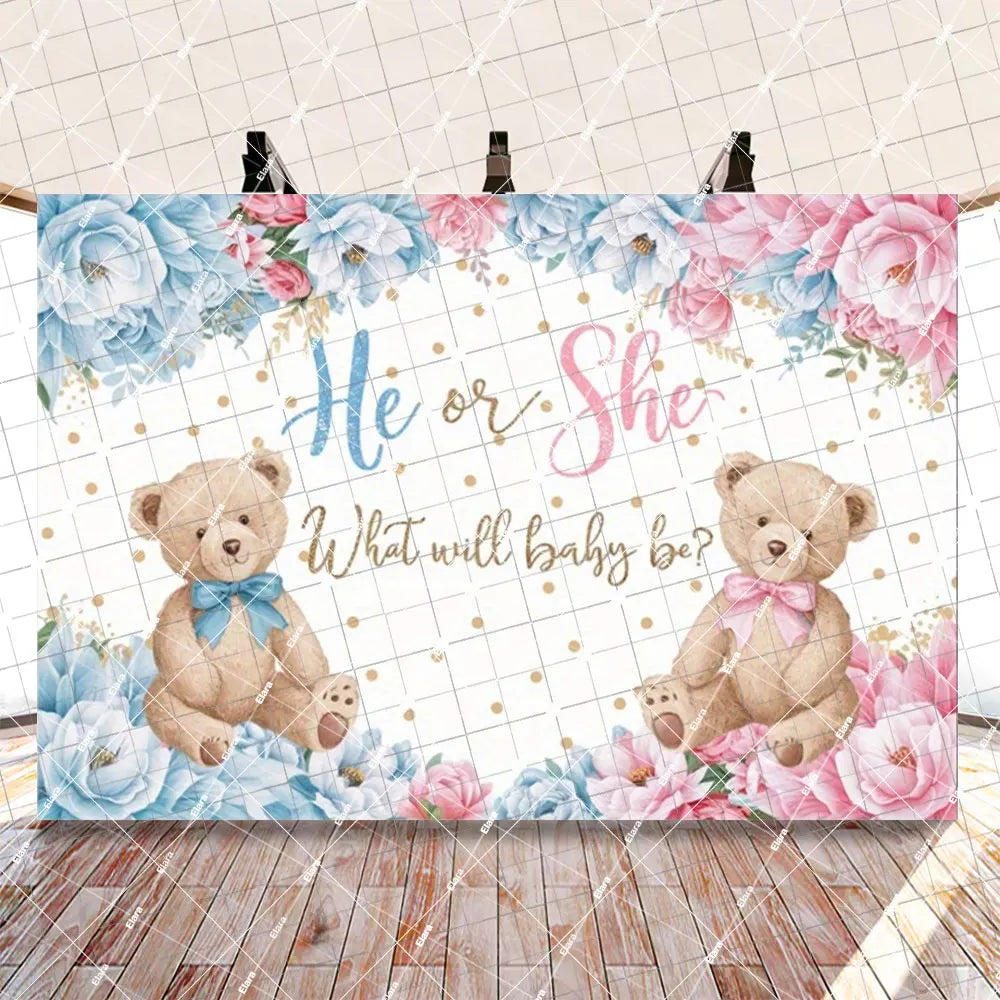 A gender reveal party decoration set featuring a floral banner with teddy bears and the text He or She What will baby be