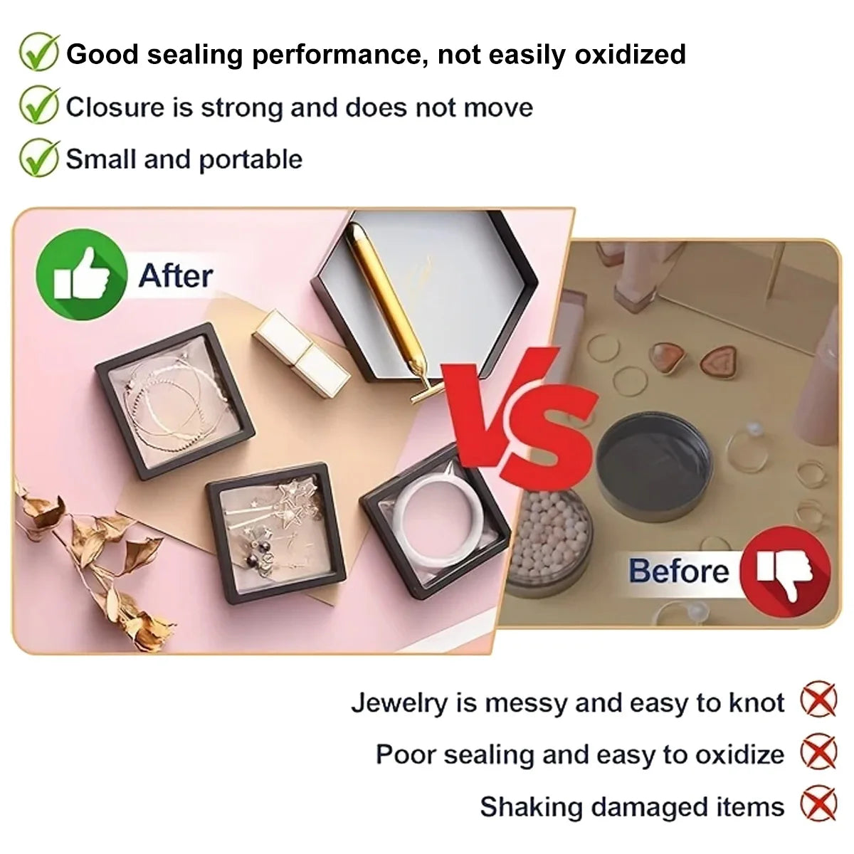 Comparison showing before and after of jewelry storage, highlighting the benefits of a sealing product.