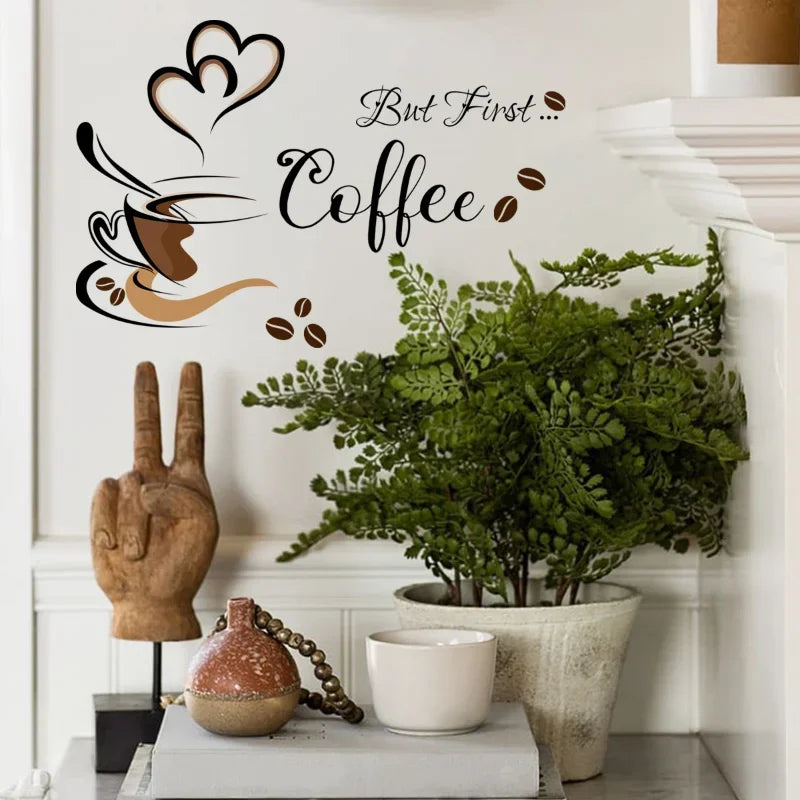 A wall sticker set featuring coffee-themed text and illustrations on a white background, displayed next to a potted plant.