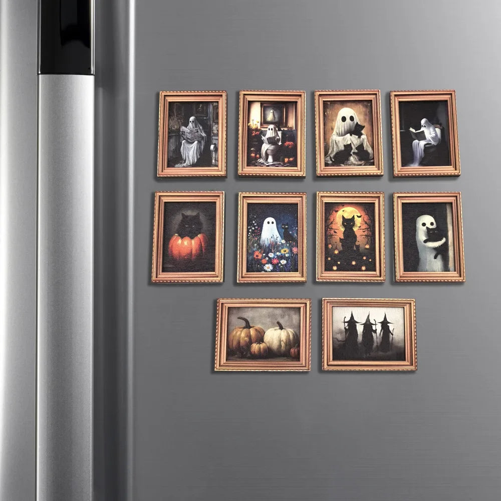 A set of 10 framed Halloween magnets featuring ghosts, pumpkins, and spooky figures displayed on a gray surface.