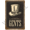 A vintage metal sign with the word GENTS embossed on a dark background.
