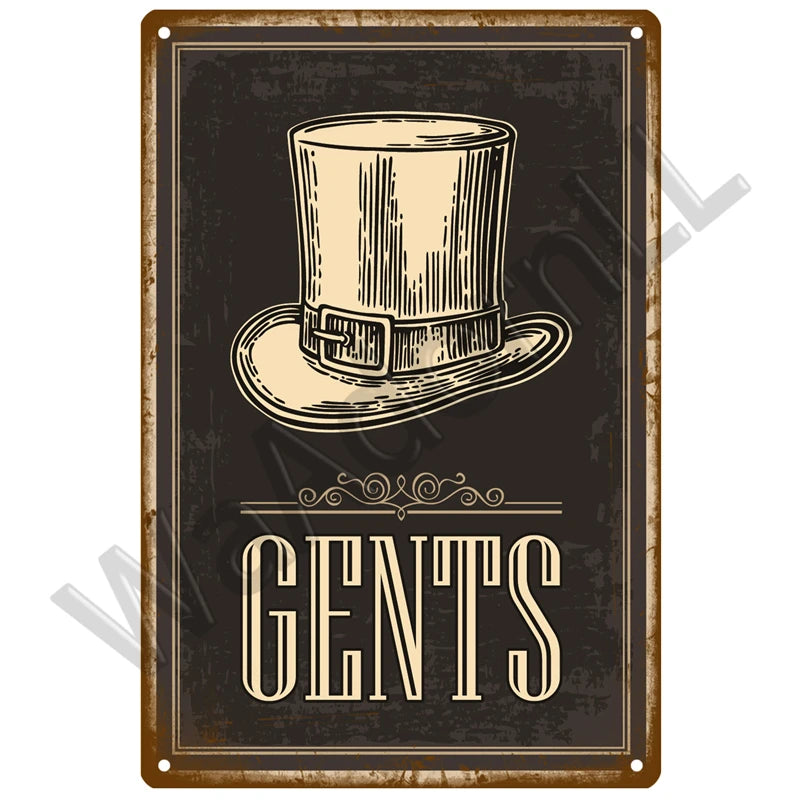 A vintage metal sign with the word GENTS embossed on a dark background.