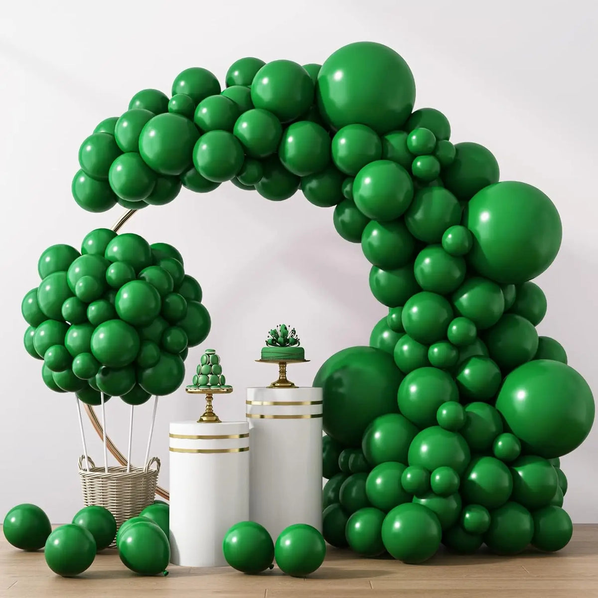A lush green balloon arch display featuring numerous spherical balloons arranged in an arch shape.
