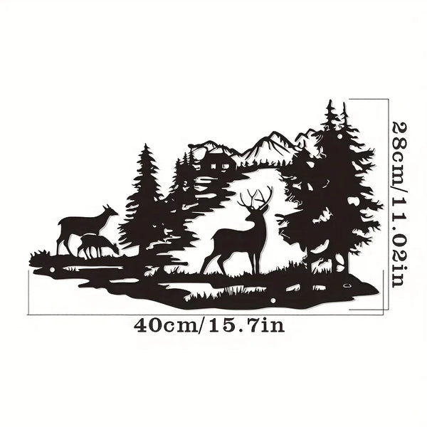 Black silhouette of a deer in a forest landscape on a rectangular piece of art.