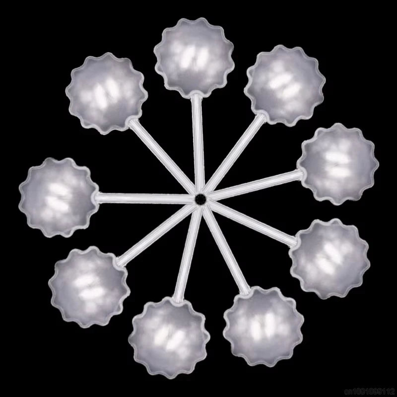 Eine Ansammlung klarer, sphärischer Einweg-Konfitüre-Pipetten, radial auf schwarzem Hintergrund angeordnet.