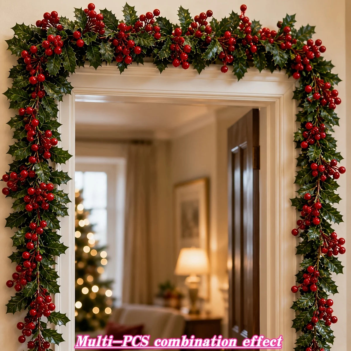 Artificial red berry holly Christmas garland framing a doorway