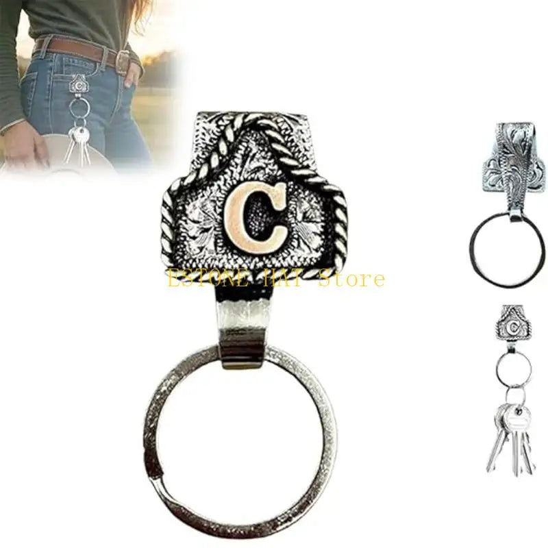 Silver western metal belt keychain featuring a large C charm and a quick-release clip.