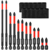 A set of impact screwdriver bits in black and red, including various sizes and types.